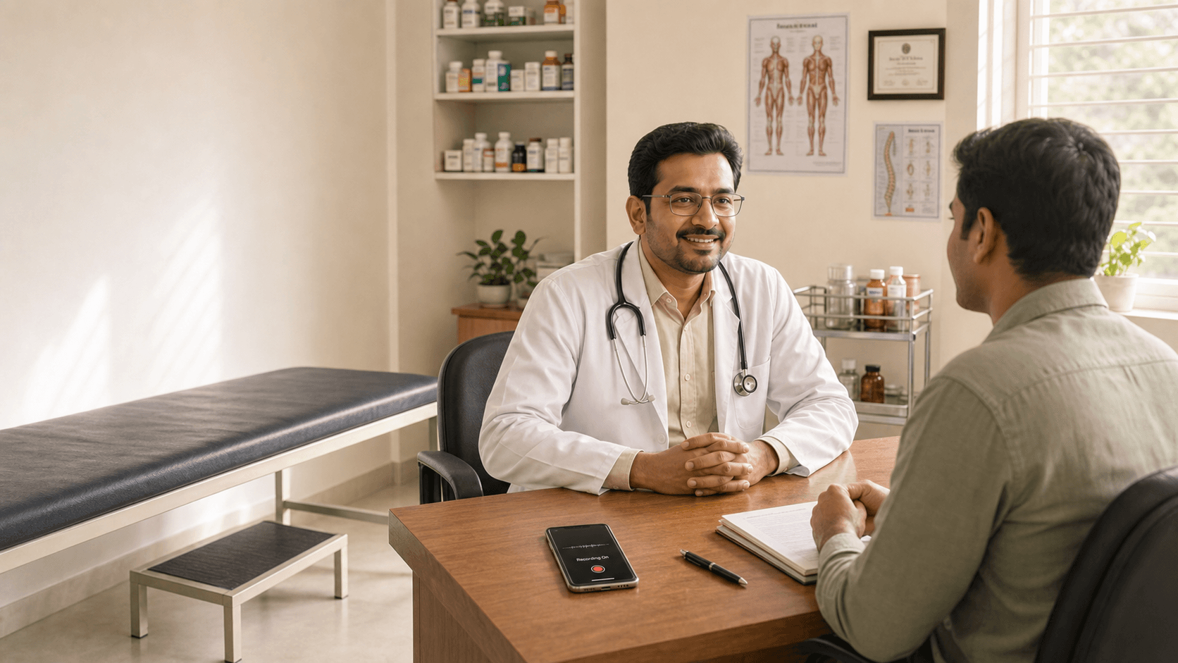 Indian doctor reviewing a consultation with a patient while a phone records on the desk